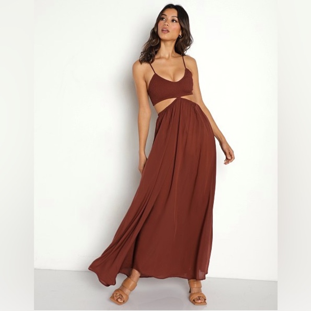 Indah Innocence Smocked Cutaway Maxi Namibia | Size S | Color:Namibia/Brown